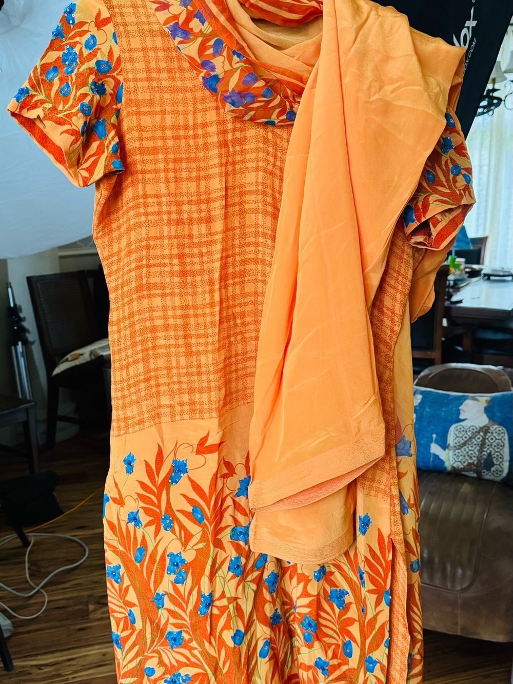 Women's Orange Floral Salwar Kameez with Blue Embroidery
